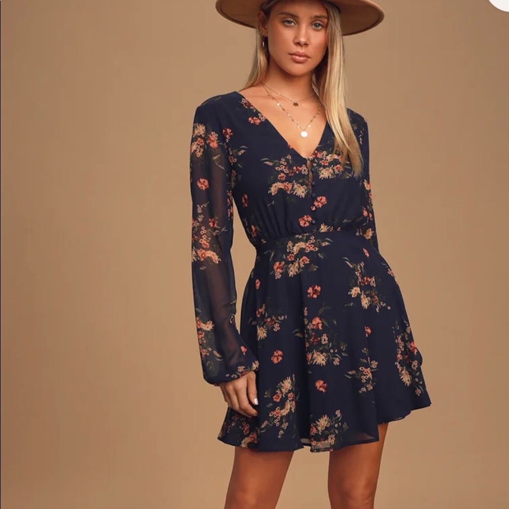 Navy Blue Floral Print Long Sleeve Skater Dress